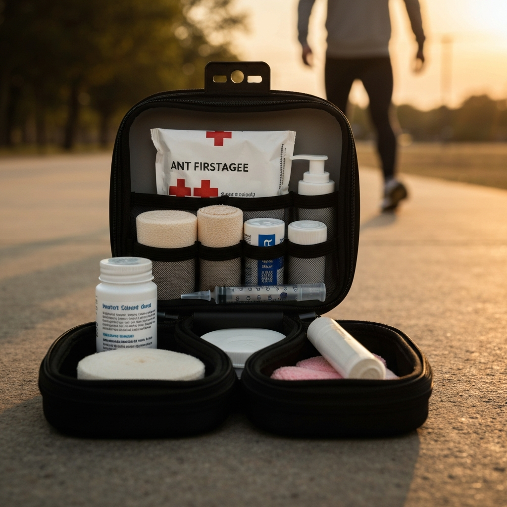 A close-up shot of a meticulously organized pet first-aid kit, showcasing various medical supplies like bandages, antiseptic wipes, and a syringe, all neatly arranged.