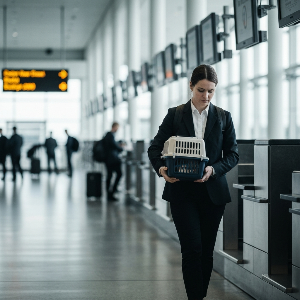 A person in professional attire calmly holding a small animal carrier at an airport check-in counter, with a blurred background of other travelers and airport signage.