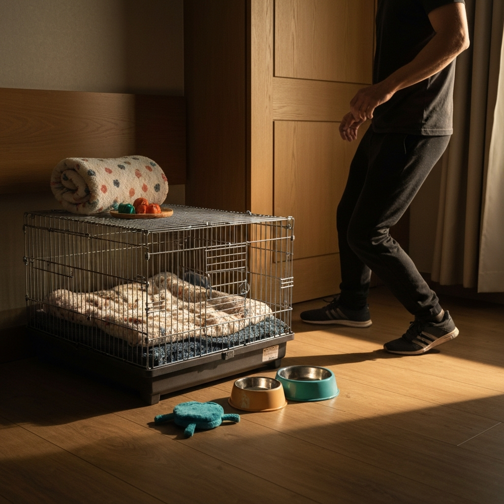 A small animal cage set up comfortably in a hotel room, with familiar bedding, toys, and food/water bowls, creating a cozy and safe environment for the pet.