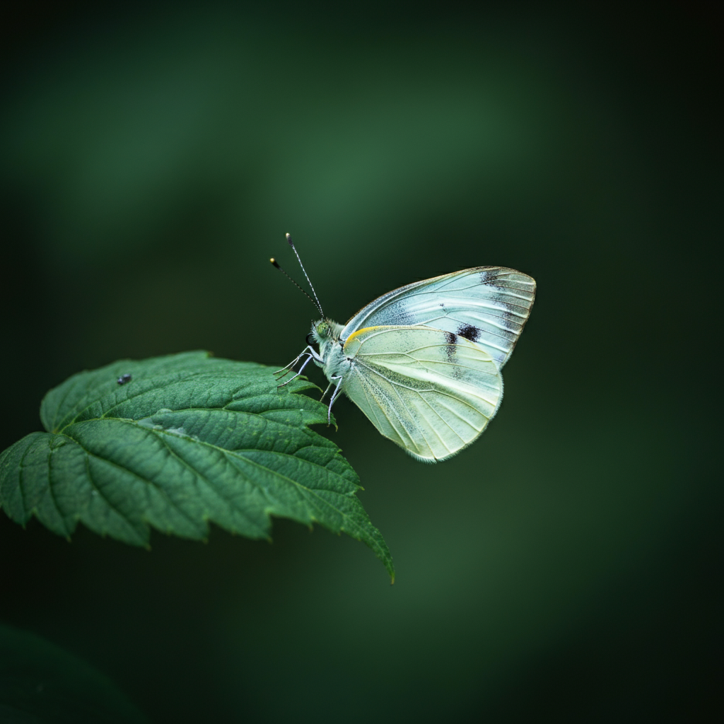A close-up of a pristine white butterfly perched delicately on a vibrant green leaf. Soft, diffused natural light illuminates the butterfly, highlighting the intricate patterns on its wings. The background is blurred with a shallow depth of field, creating a sense of ethereal beauty.
