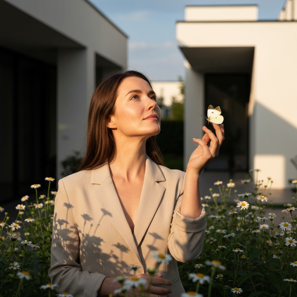 A woman with gentle features standing in a sunlit garden, looking up with a serene expression. A single white butterfly flutters near her hand. The scene is bathed in golden hour light, casting a warm glow on her face and the surrounding flowers.