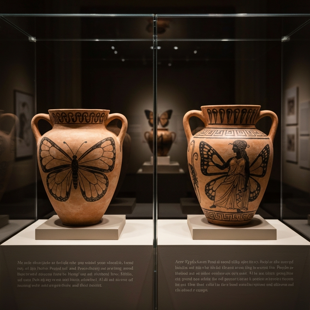 A brightly lit museum exhibit showcasing ancient Greek pottery depicting Psyche with butterfly wings. The pottery is displayed behind glass, with descriptive text visible below. The scene highlights the historical and cultural significance of the butterfly symbol.