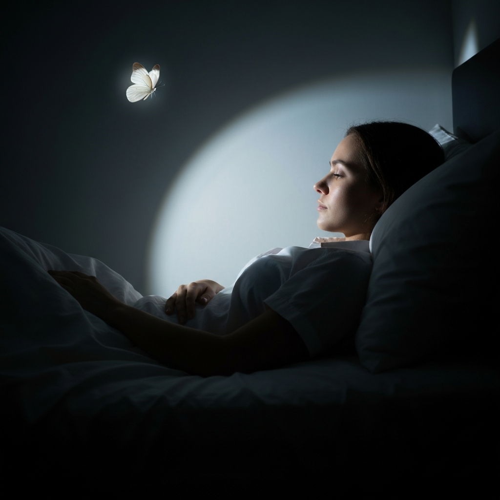 A dreamlike sequence. A woman lying peacefully in bed, bathed in soft moonlight. A translucent white butterfly gently hovers above her, its wings catching the light. The scene conveys a sense of peace and tranquility.