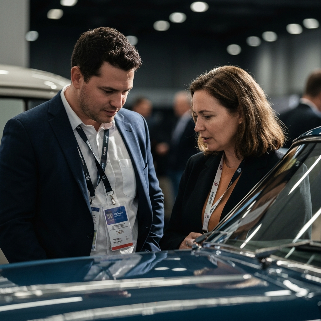 A medium shot of two people at an auto show, looking at a vintage car. Soft, diffused natural light highlighting the chrome details of the vehicle.