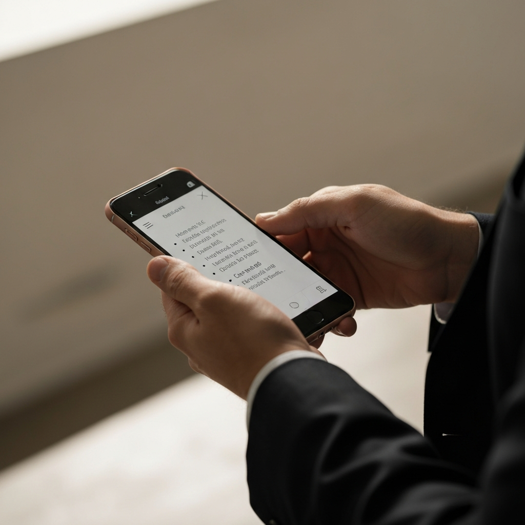A close-up of a person's hands scrolling through a phone, specifically reading through a list of car pick-up lines. Gentle, warm light creating a shallow depth of field.