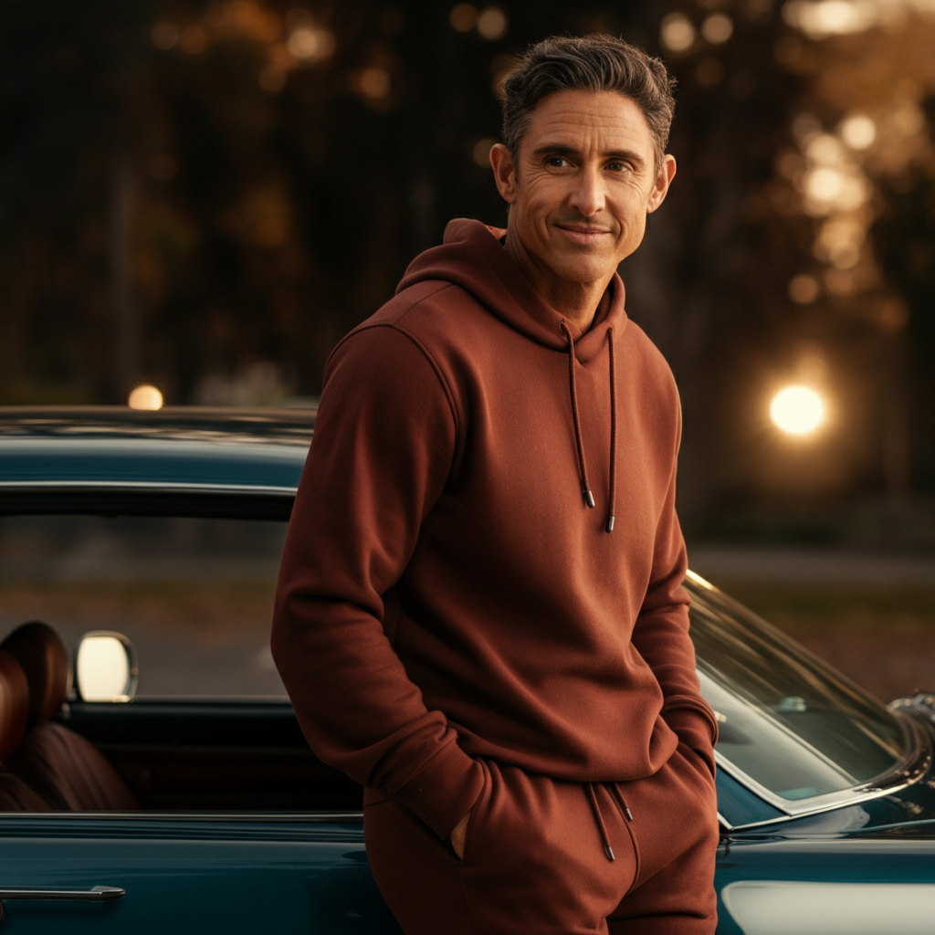 A side-lit shot of a person confidently leaning against a classic car, making eye contact and smiling slightly. Soft bokeh in the background.