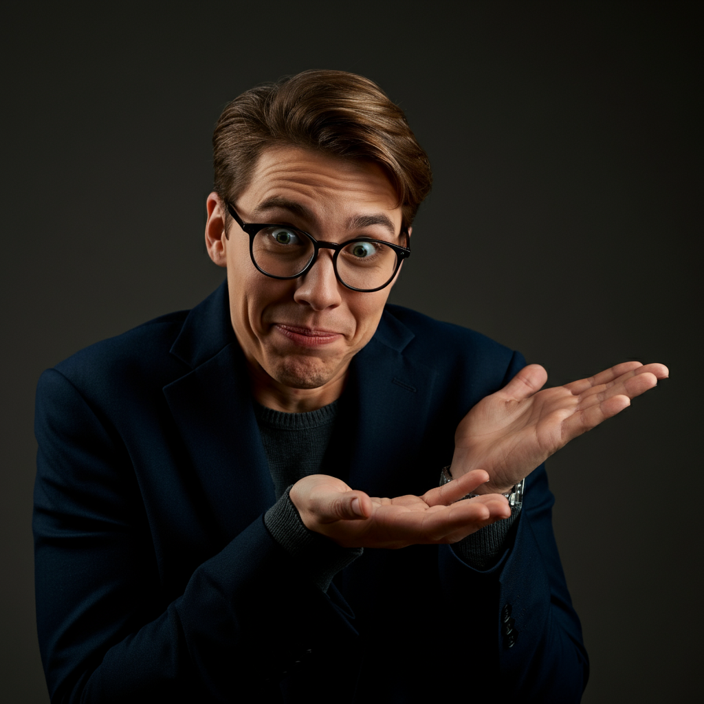 A slightly out-of-focus shot of a person shrugging and smiling sheepishly after telling a joke. Warm indoor lighting with natural textures visible.