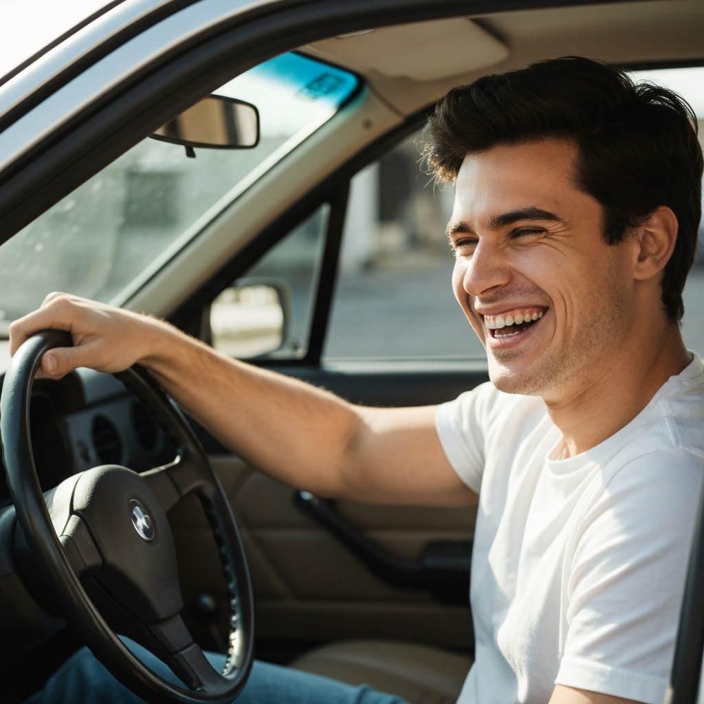 A brightly lit shot of a person laughing while holding a steering wheel in a parked car. Focus on the person's joyful expression.