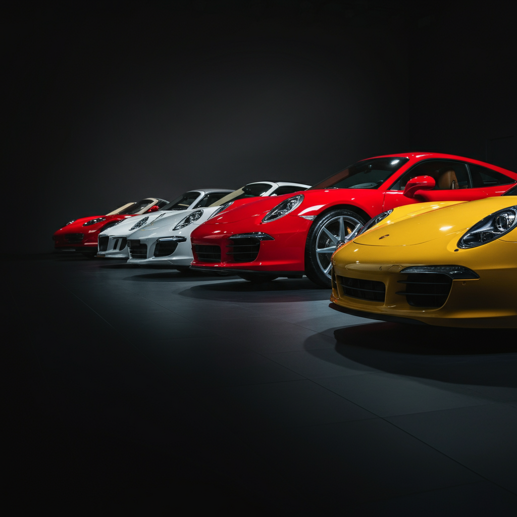 A wide shot showcasing a row of luxury cars in a showroom. Bright, even lighting to highlight the vehicles' polished exteriors.