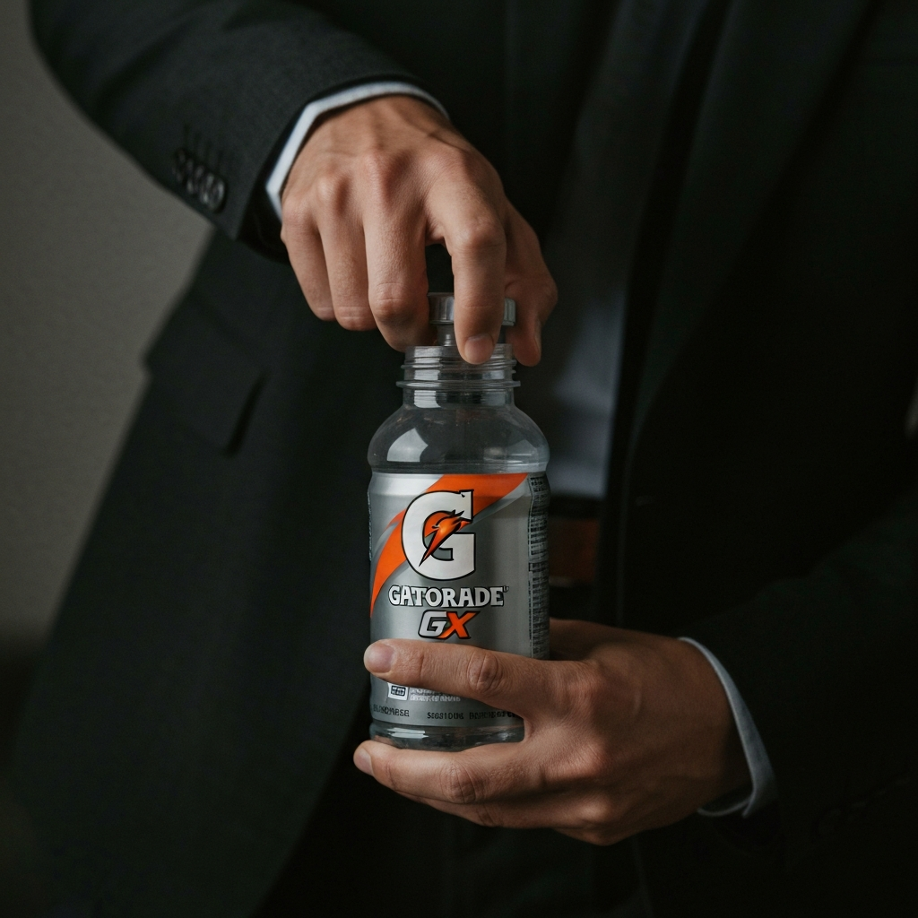 Close-up shot of a hand opening a Gatorade Gx bottle, soft studio lighting.