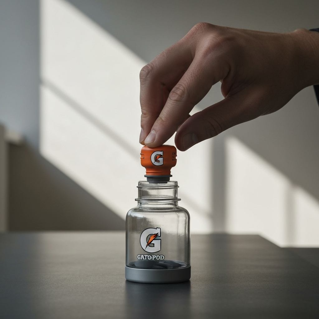 Person pressing a Gatorade Gx Pod onto the Gx bottle piercer, focus on the hand and bottle top with diffused sunlight.