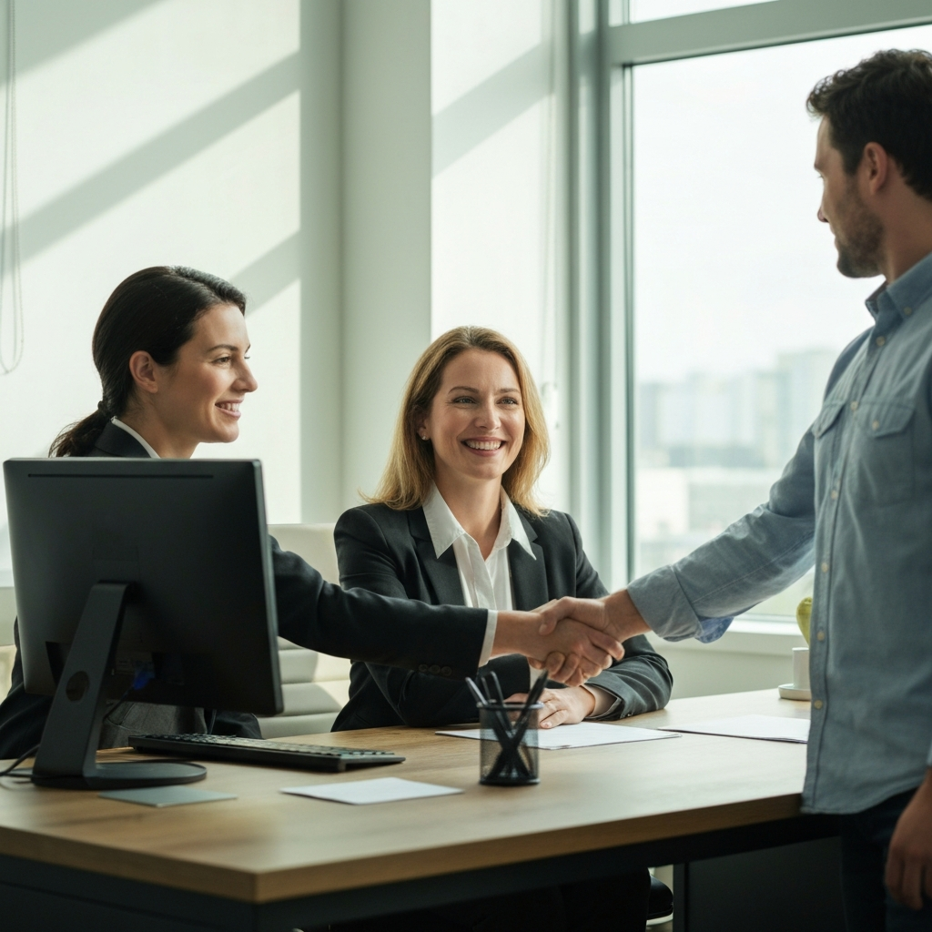 A bright, modern office. A woman in a business suit sits at a desk, smiling and shaking hands with a man in a casual button-down shirt. Soft, diffused light from a large window highlights the textures of the office furniture.