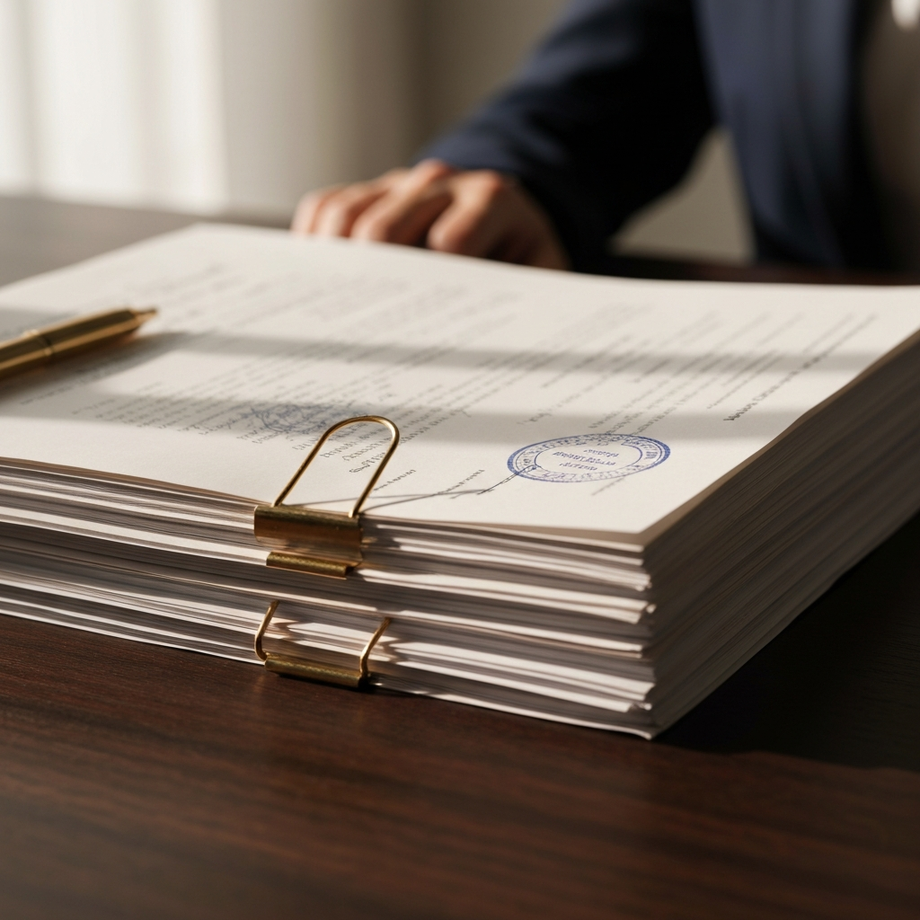 A close-up shot of a neatly organized stack of official documents on a dark wooden desk. The documents are secured with a brass paperclip. Side-lit with warm, natural light, showcasing the texture of the paper and the details of the official stamps.