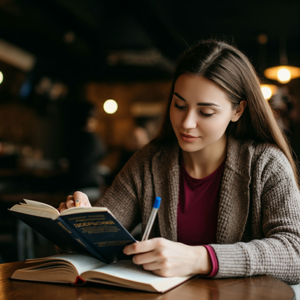 A young woman sits at a table in a coffee shop, studying a Russian textbook. She's focused and engaged, with a slight smile on her face. The background is blurred, creating a soft bokeh effect that emphasizes the subject.