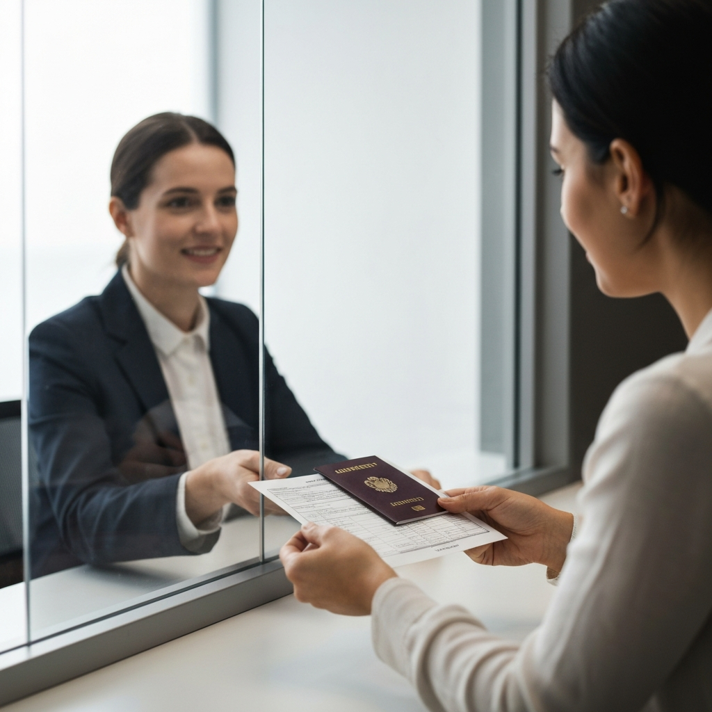 A person handing over a passport and application form to a consulate worker behind a glass partition. The lighting is professional and even, emphasizing the serious nature of the exchange. The environment is clean and organized.