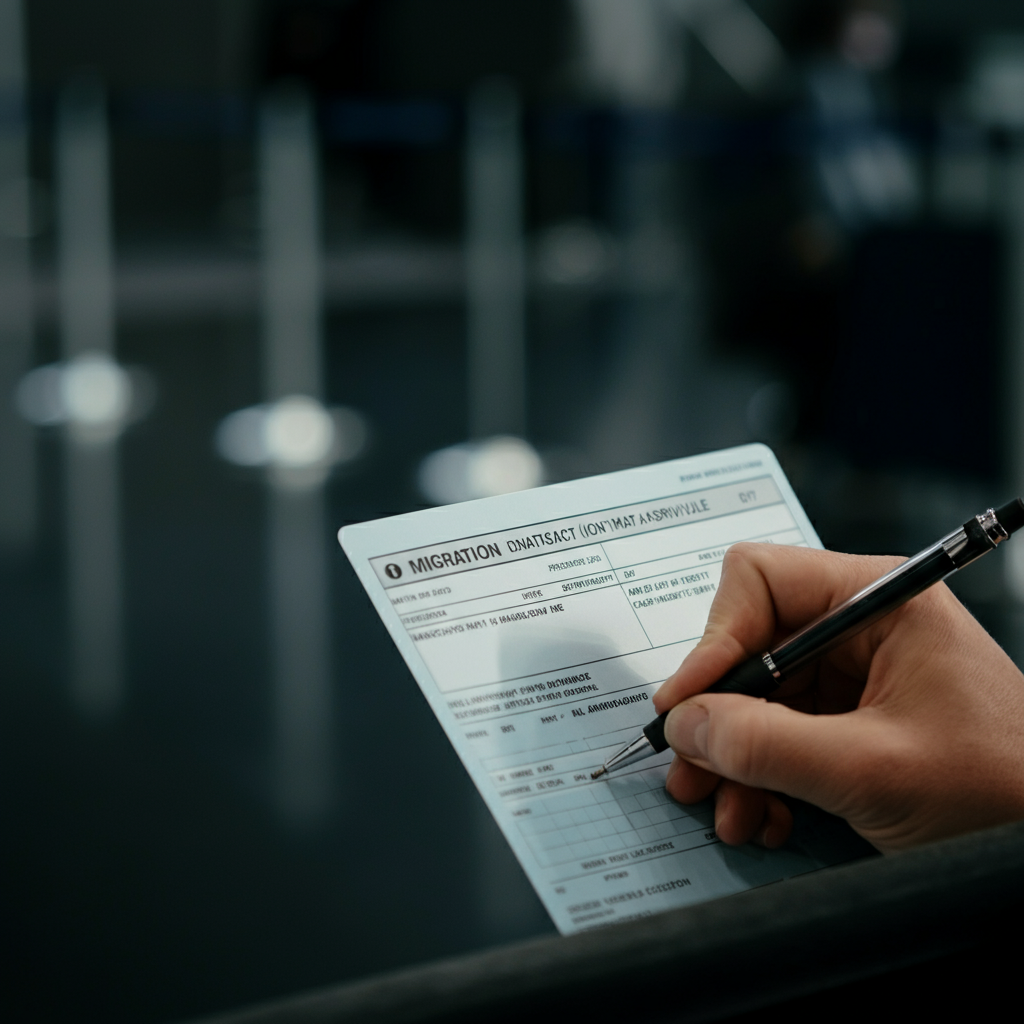 A close-up of a hand carefully filling out a migration card at an airport arrival hall. The lighting is bright and clear, showcasing the details of the form and the person's focused expression.