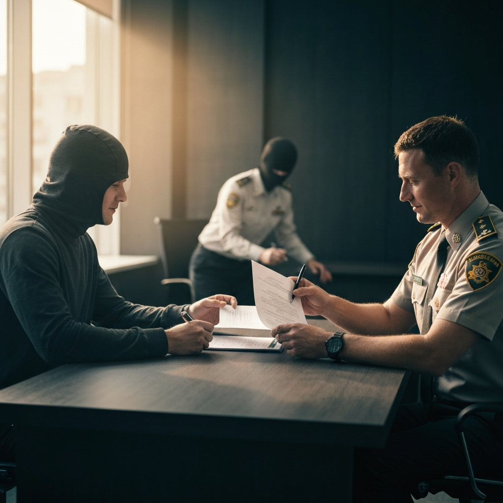 A person sitting at a desk in a government office, submitting paperwork to a uniformed officer. The lighting is slightly cool and formal, emphasizing the official nature of the interaction. The scene is uncluttered and professional.