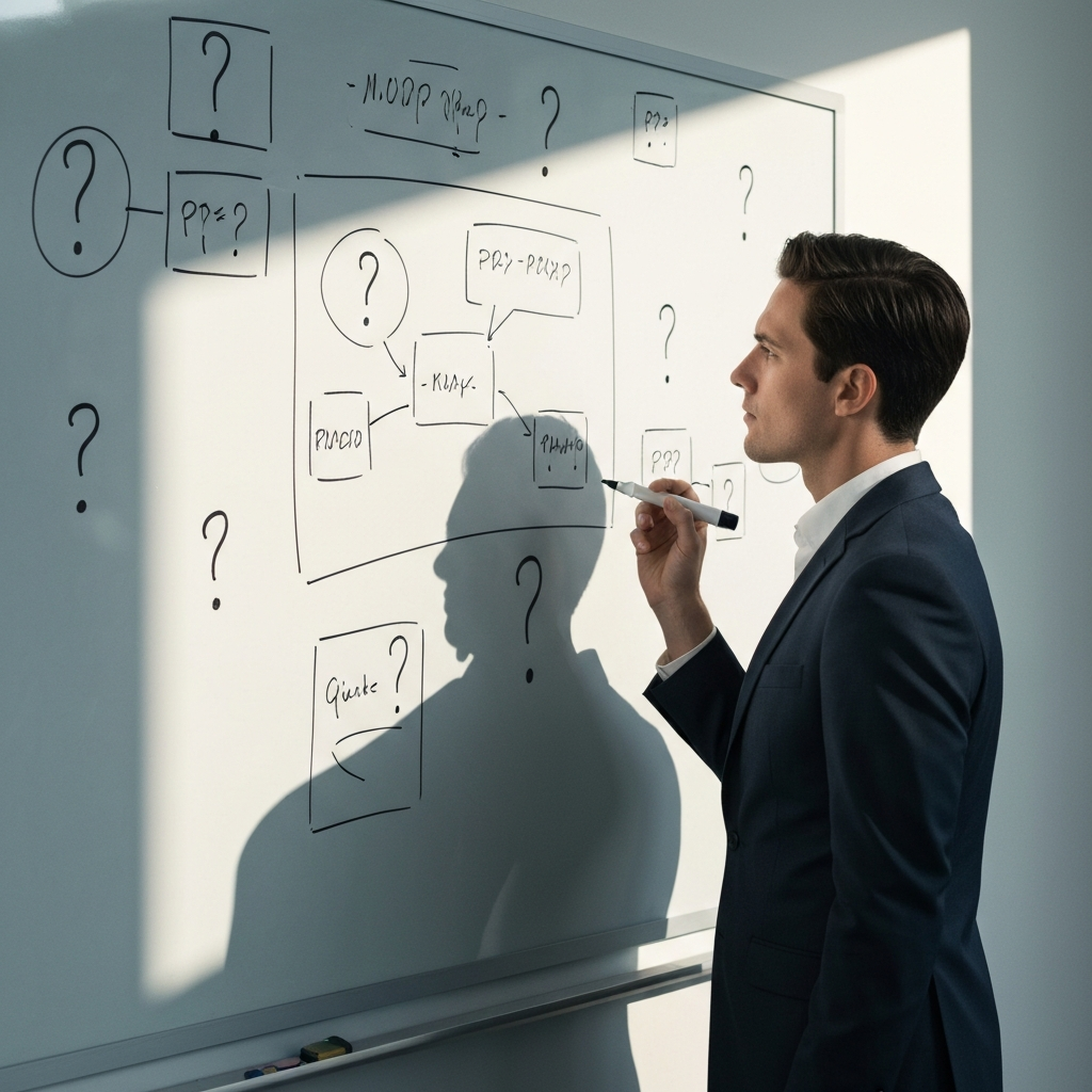 A person standing in front of a whiteboard covered with diagrams and question marks. They are holding a marker and looking intently at the board with a thoughtful expression. Soft side-lighting emphasizes the texture of the whiteboard.