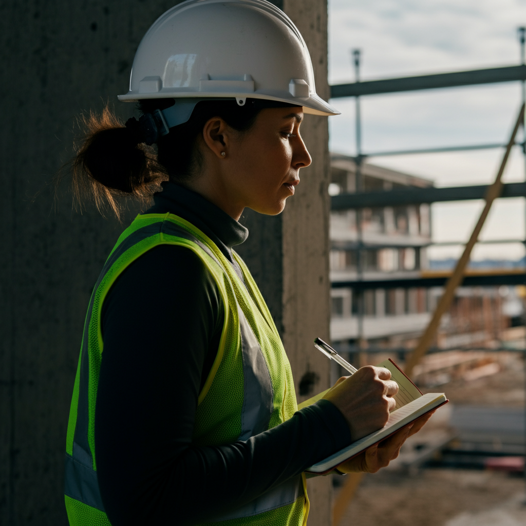 A person wearing a hard hat and safety vest observing a construction site. They are taking notes in a small notebook. The scene is shot in natural daylight with a slightly overcast sky.