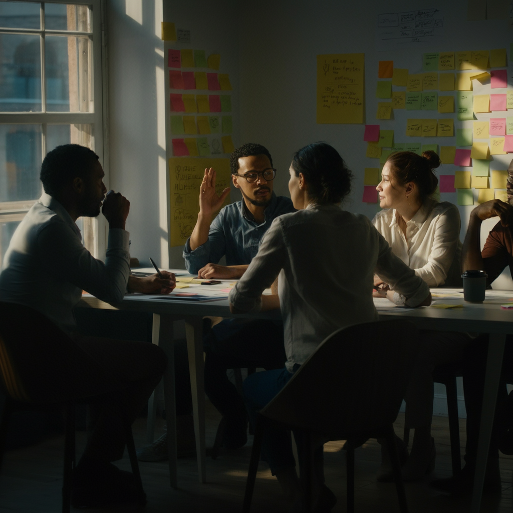 A team of people sitting around a table in a brightly lit office, brainstorming ideas. Post-it notes cover the walls, and there is a sense of energy and collaboration in the air. Natural light streaming through a window.