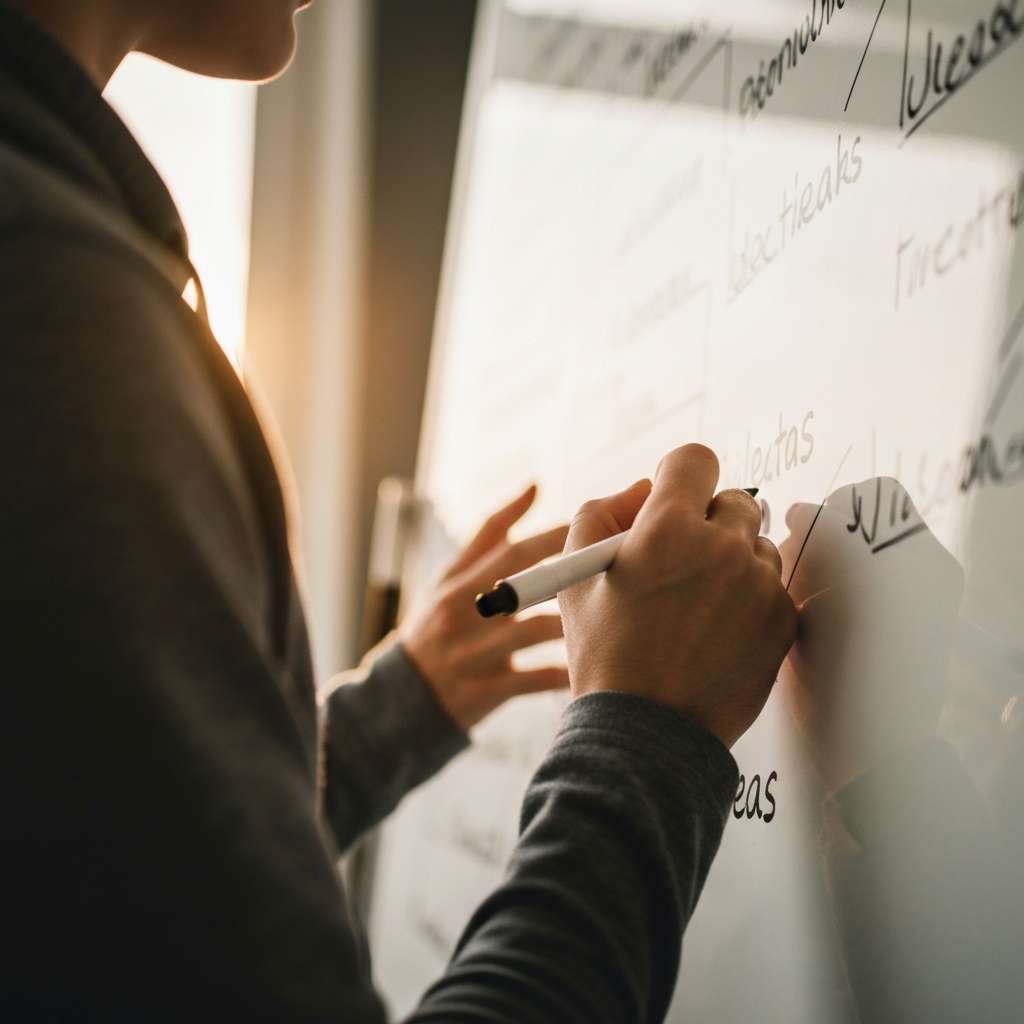 A close-up of a brainstorming session, showing hands writing down different ideas on a whiteboard. The focus is on the variety of ideas being generated. Soft, diffused lighting.