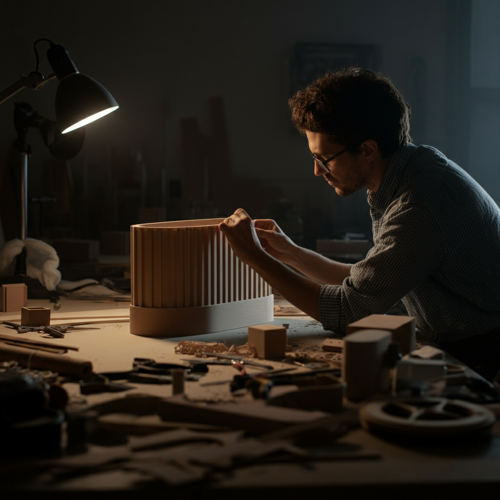 A person working on a prototype of a product in a workshop. The scene is cluttered but organized, with tools and materials scattered around. Natural light coming through a window.