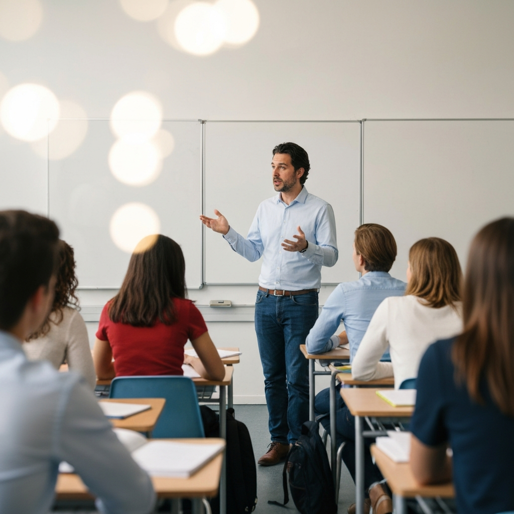 A brightly lit classroom. A teacher stands at the front of the room, gesturing with their hands as they speak. Students are attentively listening, some with notebooks open. Soft bokeh on the background.