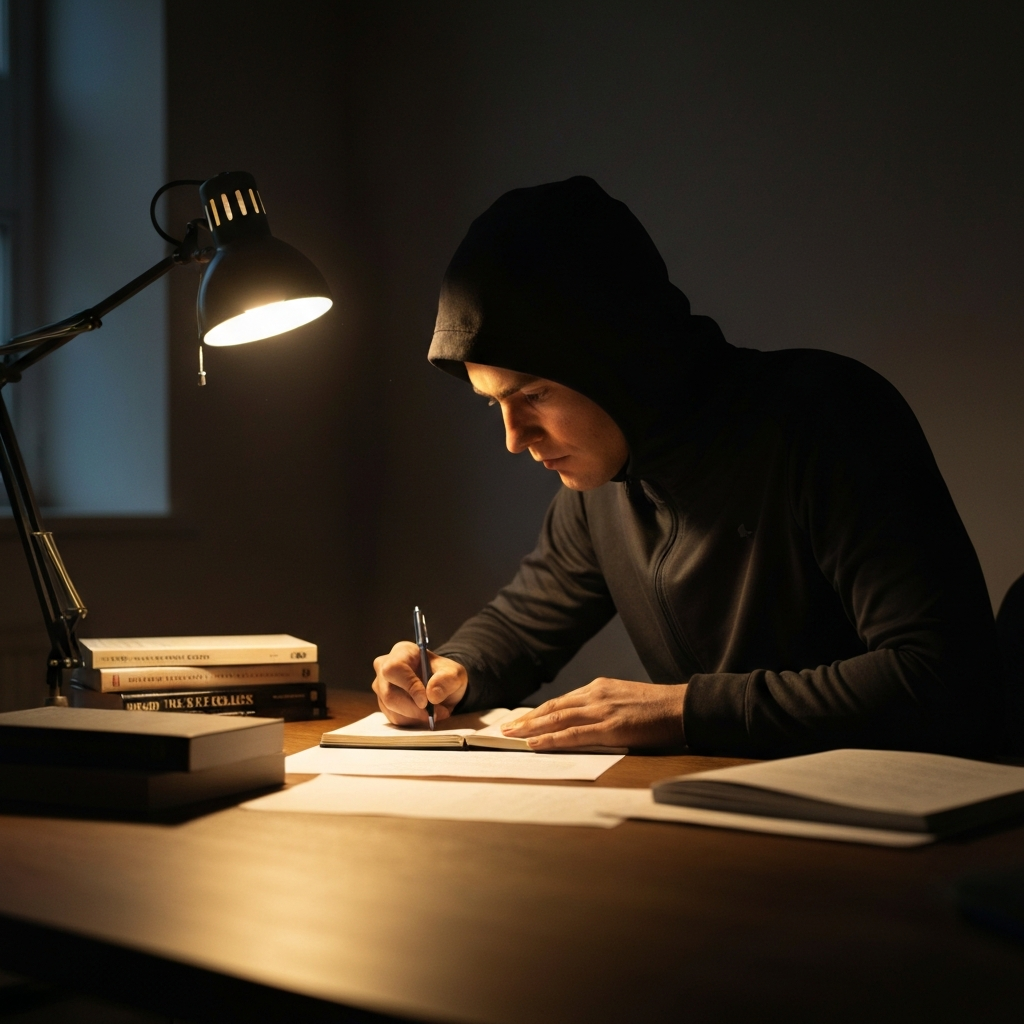 A person sits at a desk, illuminated by a desk lamp. They are writing in a notebook, their brow furrowed in concentration. The desk is cluttered with books and papers, suggesting a creative workspace. Side-lit textures on the paper.