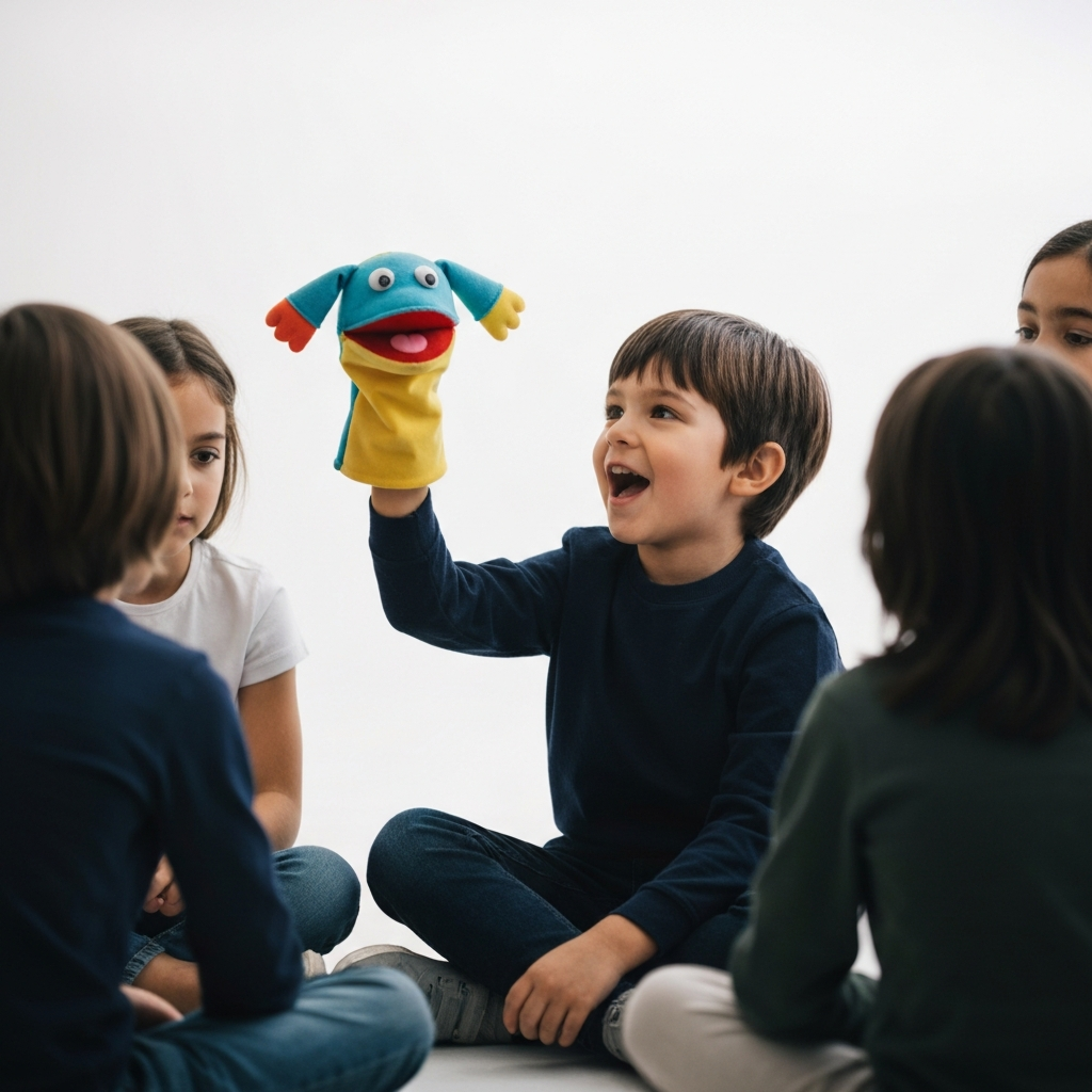 A child holds up a colorful puppet, their face lit with excitement. They are sitting on the floor surrounded by other children, all listening attentively. Soft, diffused lighting.