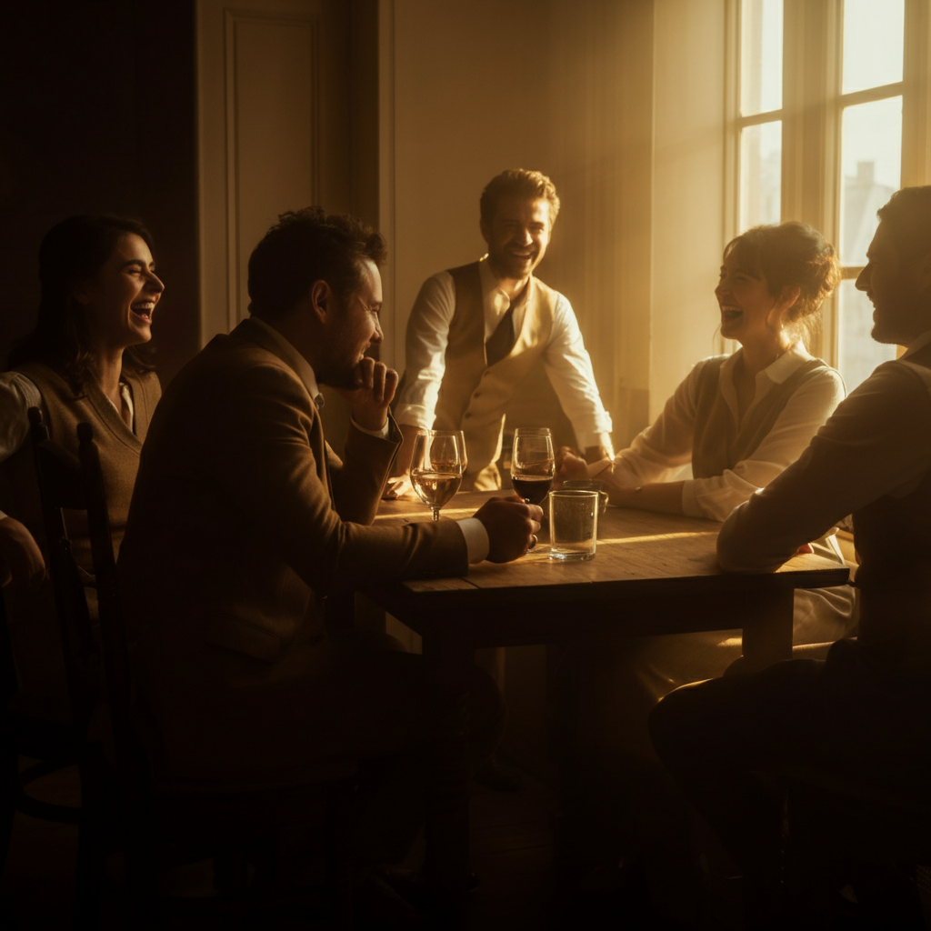 A small group of people are gathered around a table, laughing and sharing stories. The atmosphere is relaxed and convivial. Golden hour lighting streaming through a window.