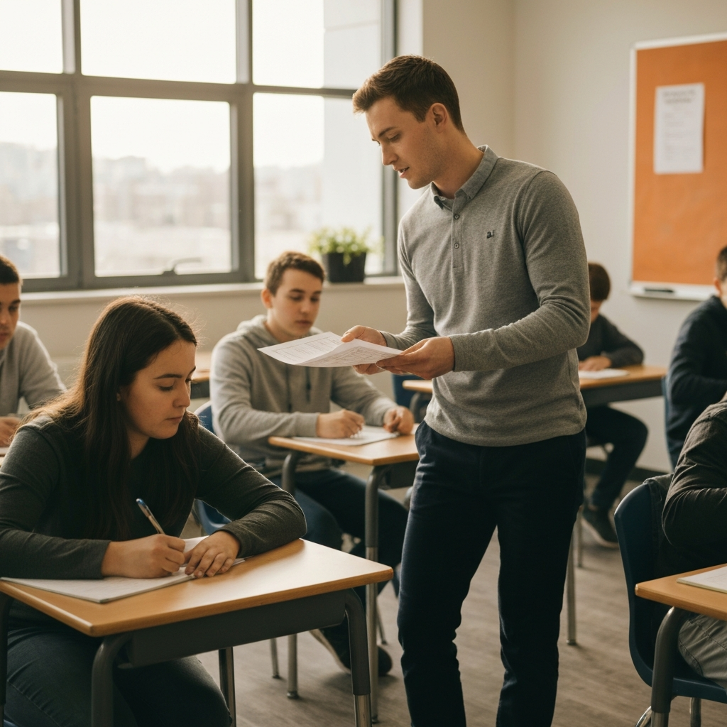 A teacher hands out worksheets to students. The students are seated at desks and appear focused on the task. The classroom is bright and well-equipped with learning materials.