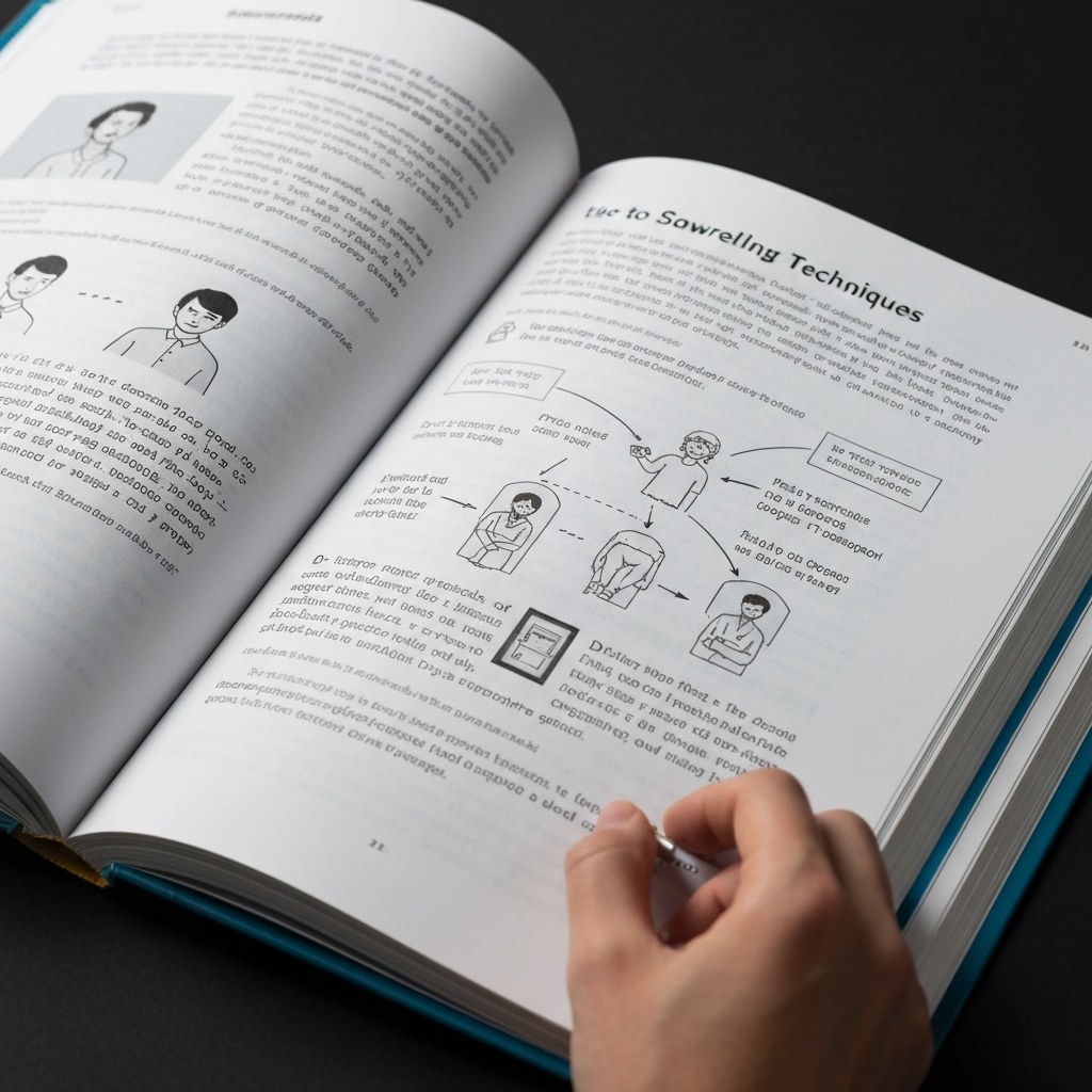 A close-up shot of a textbook open to a chapter on storytelling techniques. Diagrams and illustrations highlight key concepts such as plot structure and character development. Soft, natural lighting.
