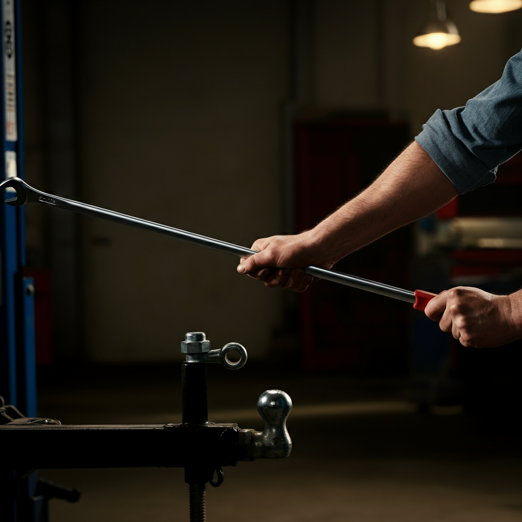 A mechanic using a long-handled wrench on a trailer hitch ball, side-lit shot with golden hour lighting, wrench handle extending out of frame.