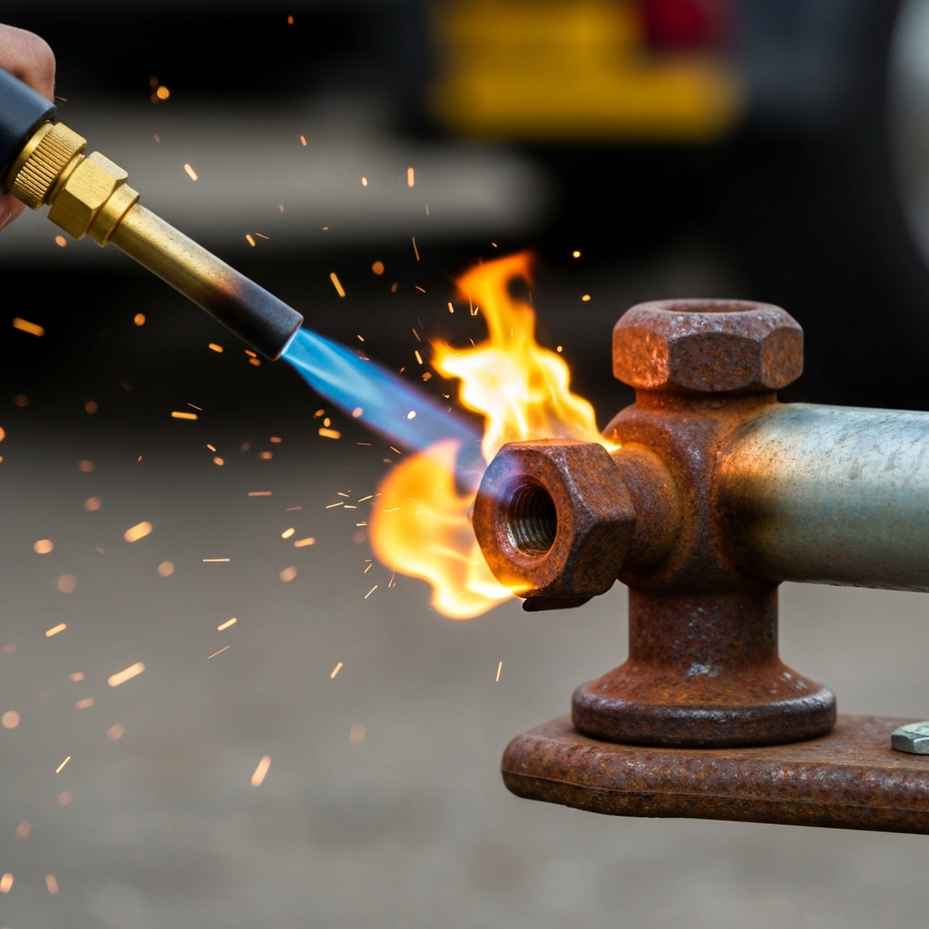 Close-up of a propane torch flame directed at a rusted nut on a trailer hitch ball, shallow depth of field with sparks faintly visible.