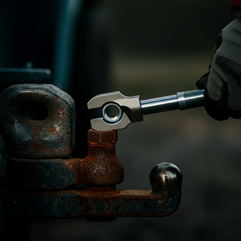 Close-up of a nut splitter tool positioned around a rusted nut on a trailer hitch ball, side view showing the tool's cutting edge.