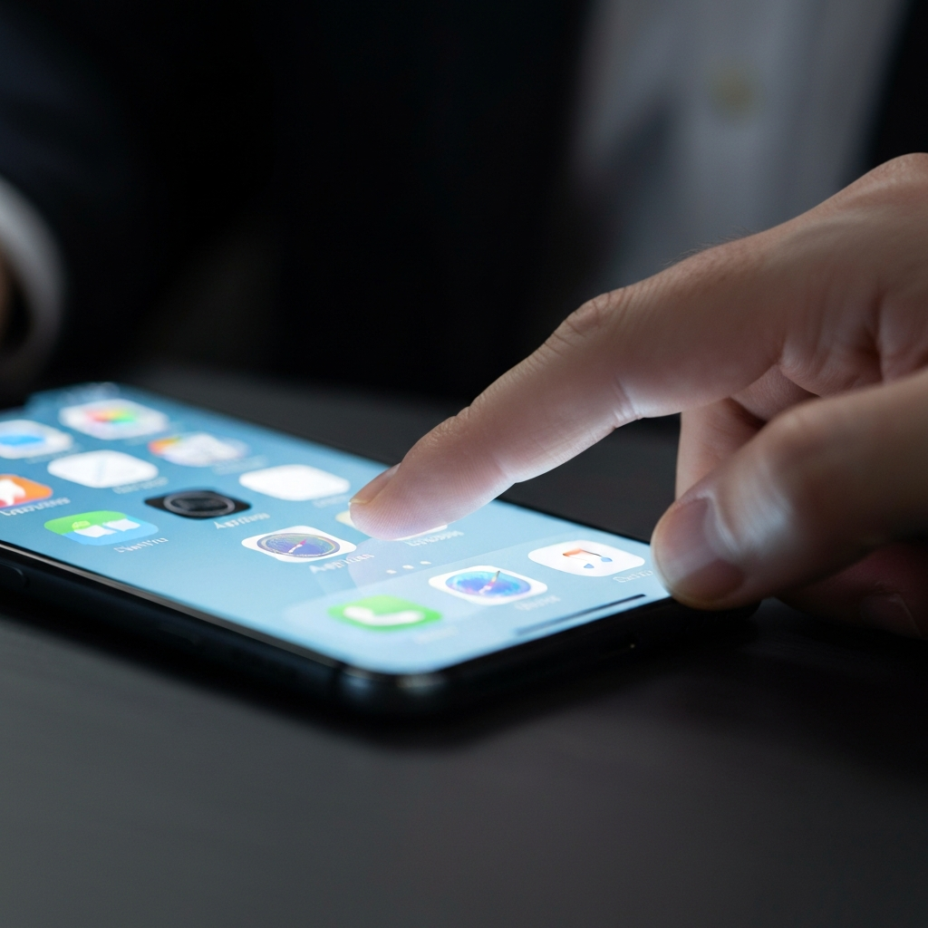 A close-up shot of a hand gently tapping the App Store icon on an iPhone screen. The screen is brightly lit with a soft, diffused glow. The hand is clean and well-manicured, suggesting a professional using their personal device. Soft bokeh in the background blurs out the other app icons.