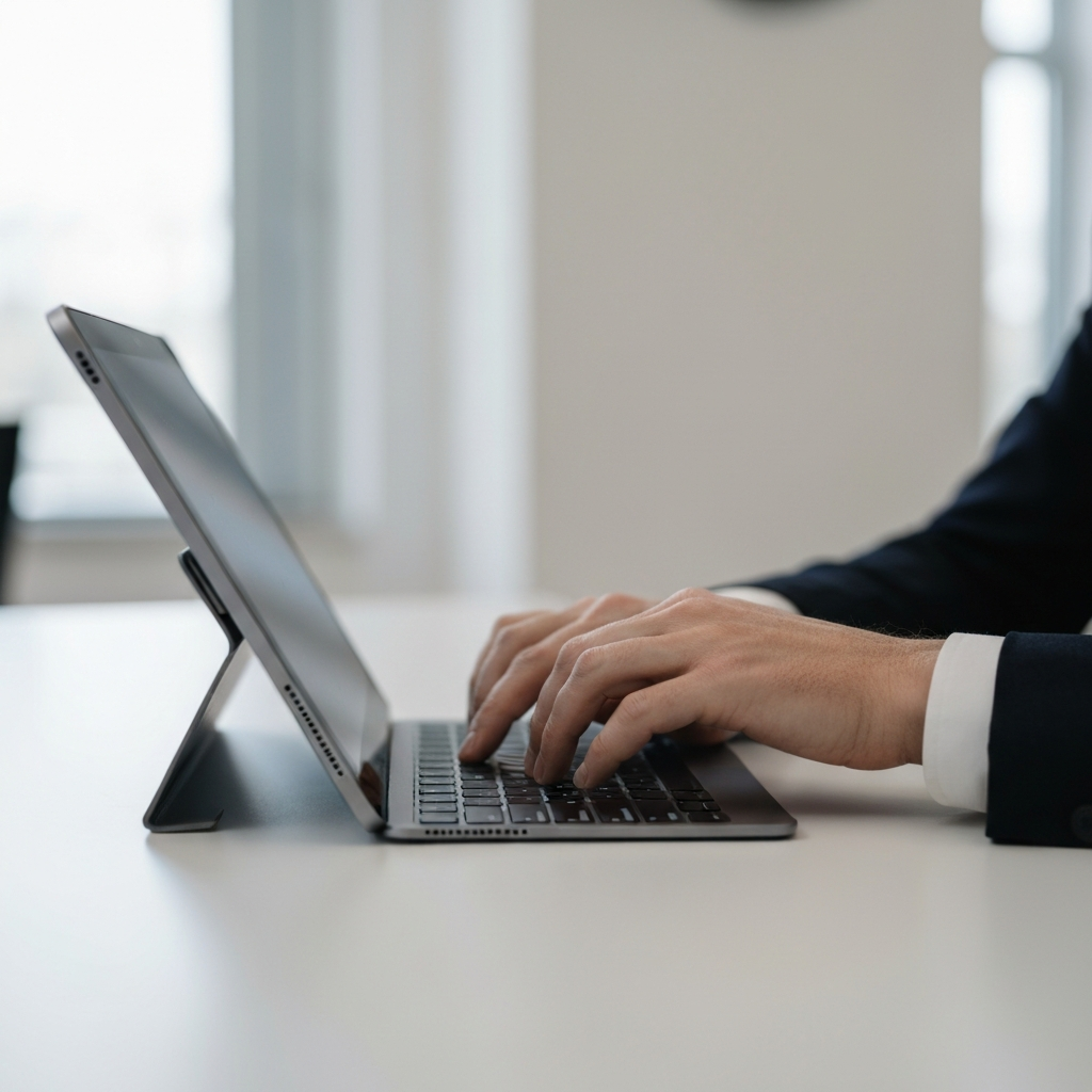 A person's hands are shown typing on an iPad keyboard. The iPad is propped up on a stand, and the lighting is even and neutral, highlighting the keys and the user's focused expression. The background is a blurred office environment, giving context to a professional using the device.