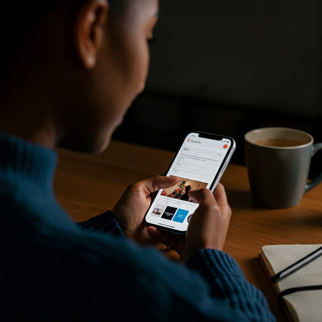 A person sits at a well-lit desk, engrossed in their iPhone screen. Their face is partially illuminated by the phone's light. They are carefully reading the app description and scrolling through screenshots. The background shows a tidy workspace with a coffee mug and a notebook, suggesting a thoughtful user.