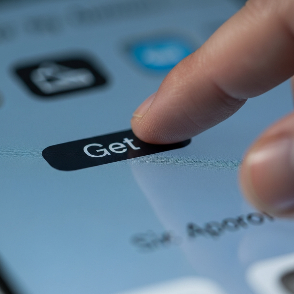 A close-up shot of a finger about to tap the "Get" button on the App Store. The lighting is soft and emphasizes the texture of the iPhone screen. The background is deliberately blurred, keeping focus on the button and the surrounding app information.