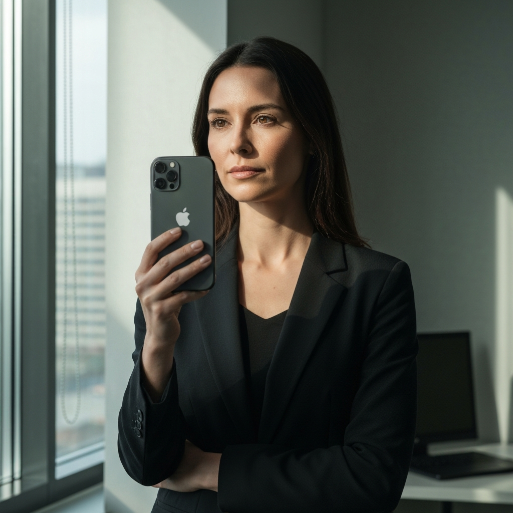 A woman is shown holding her iPhone up to her face, using Face ID to authenticate a download. She is standing in a modern office environment with natural light streaming in from a window. Her expression is neutral and focused.