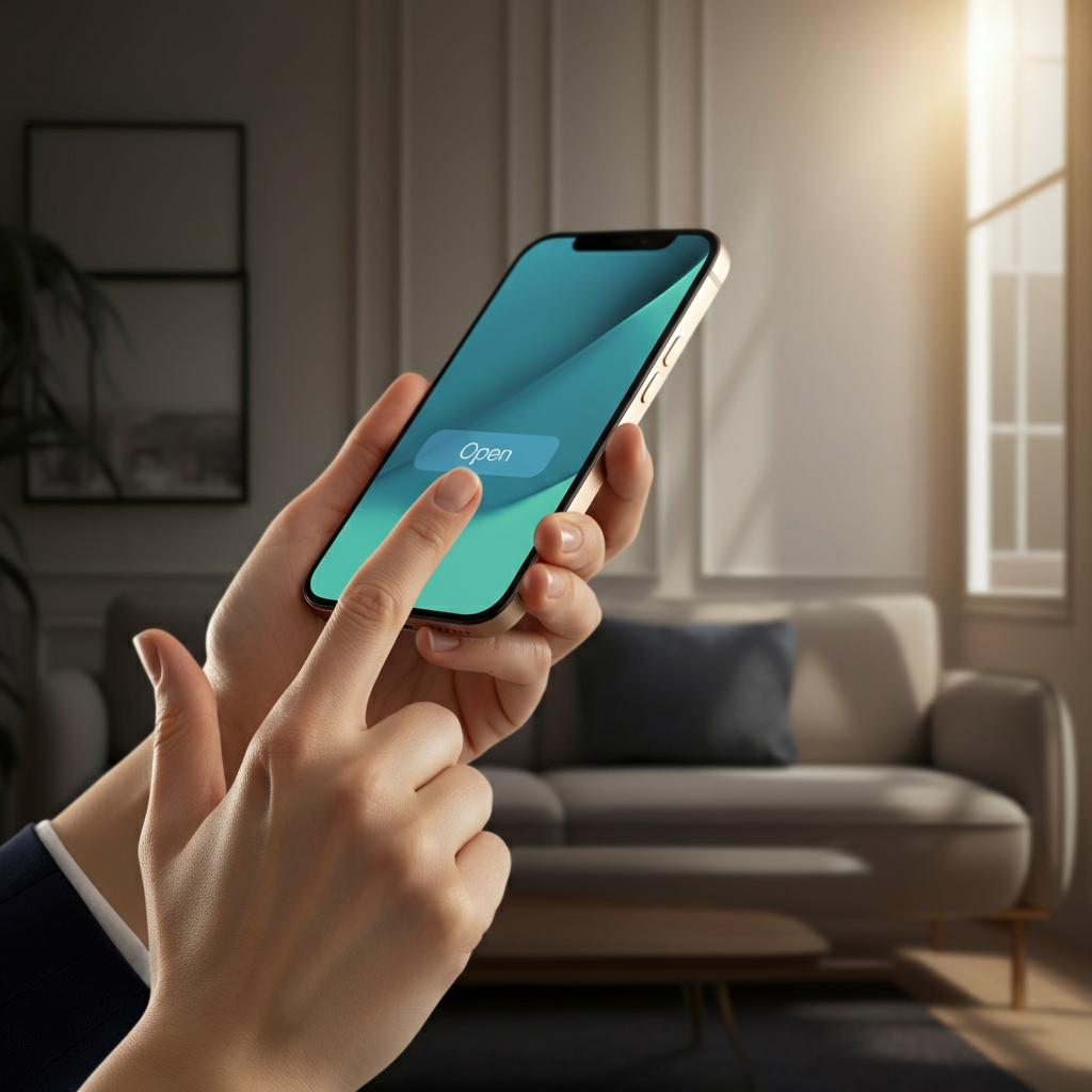A hand taps the "Open" button on an iPhone screen. The background is a brightly lit living room, suggesting a relaxed and comfortable environment. The lighting is diffused and even, highlighting the crispness of the iPhone display.