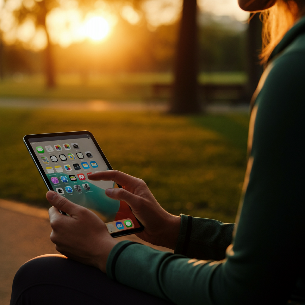 A person is sitting on a park bench, scrolling through the App Store on their iPad. The sun is setting, casting a warm, golden glow on the scene. The park is lush and green in the background, creating a peaceful and relaxed atmosphere.