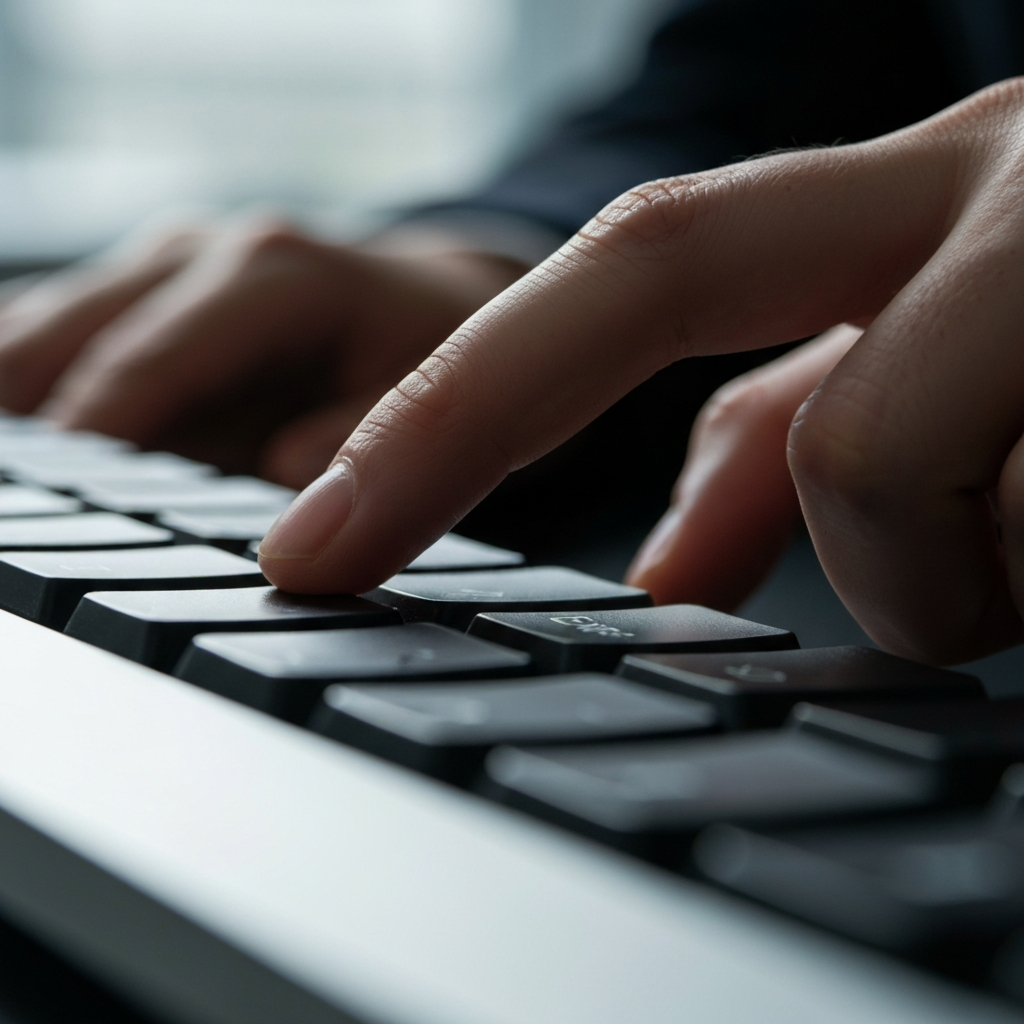 A close-up shot of a keyboard with a finger pressing the 'Enter' key. Soft, diffused lighting highlights the texture of the keys. Shallow depth of field.