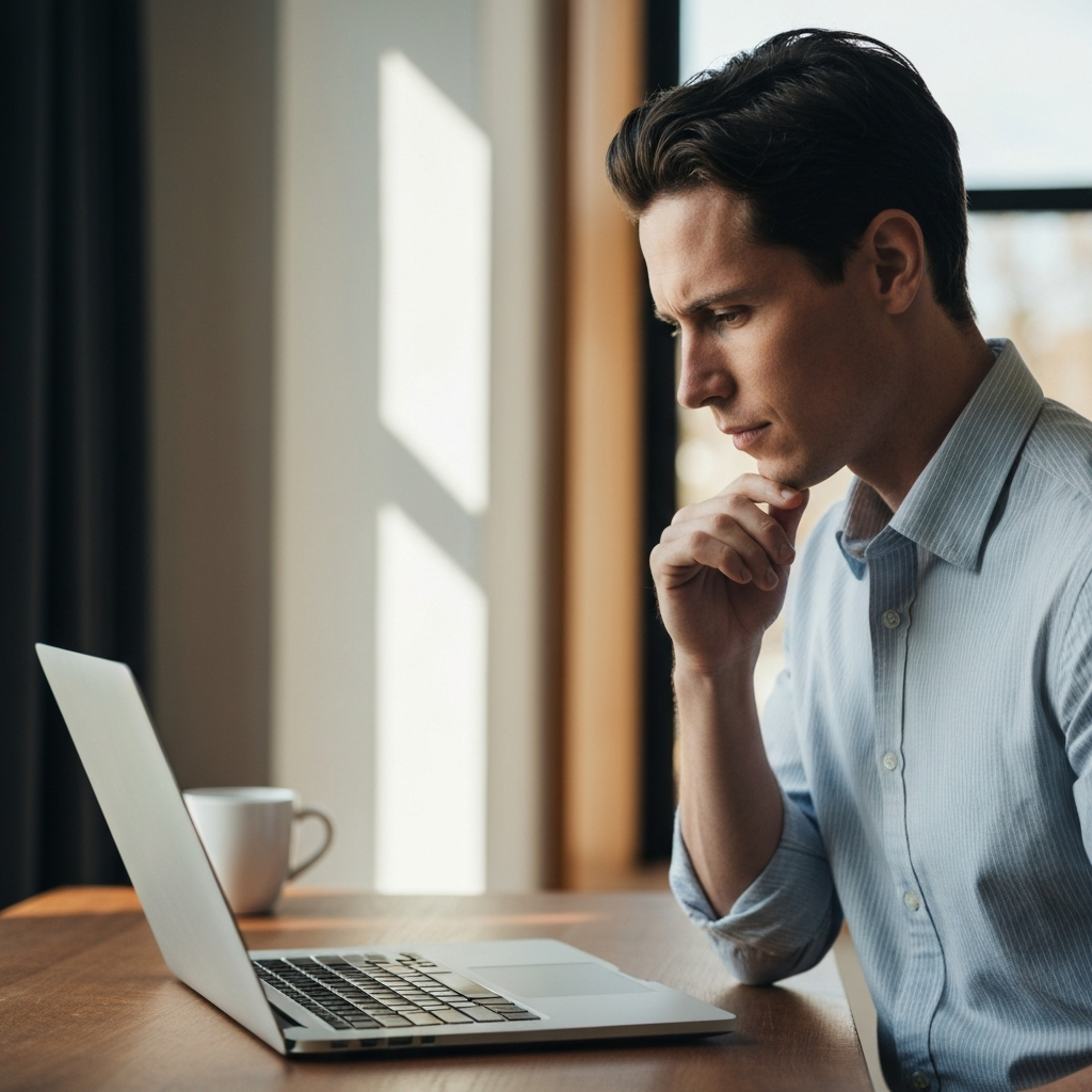 A person thoughtfully reviewing text on a laptop screen. Natural light streams in from a nearby window, casting a warm glow. The focus is on the screen and the person's concentrated expression.