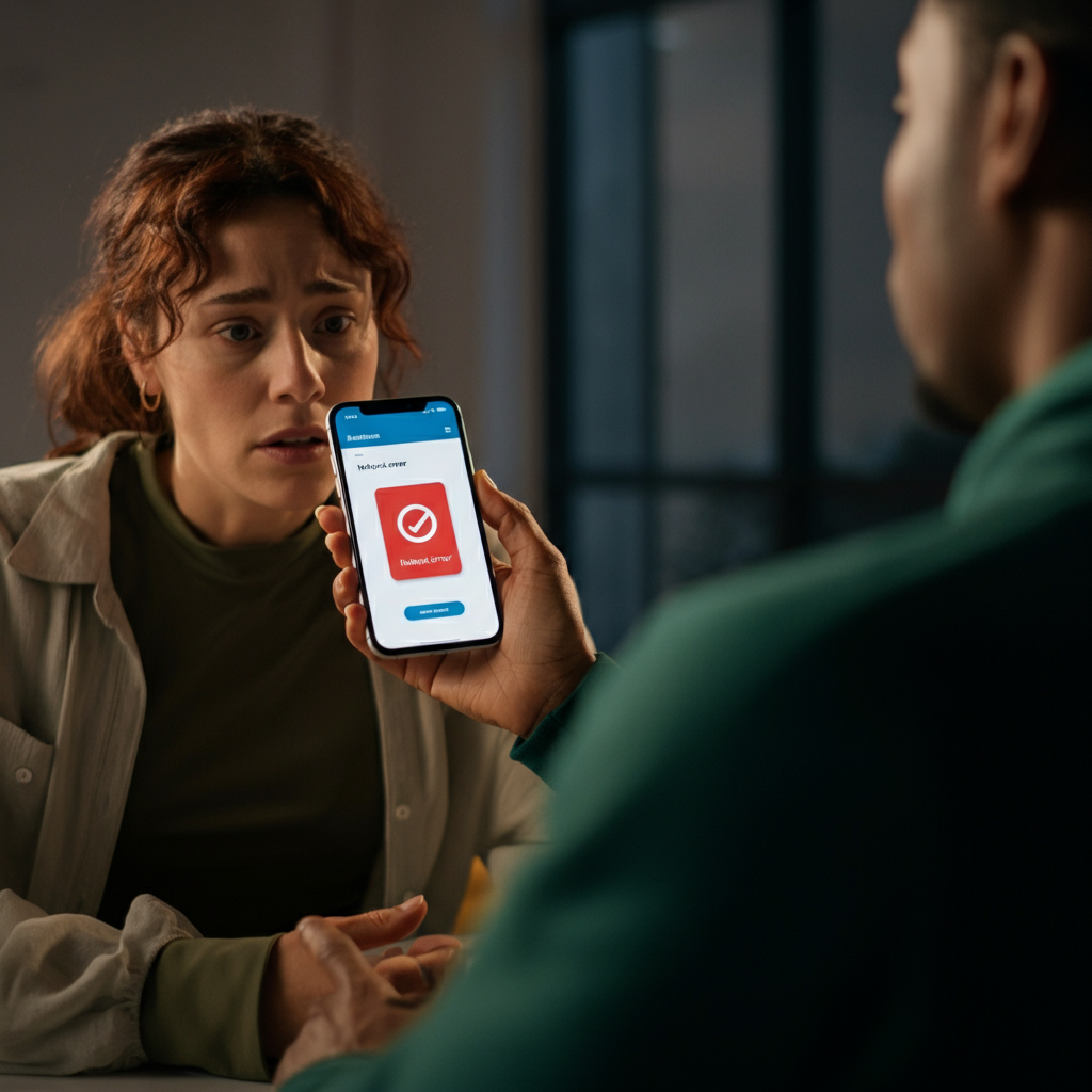 A person with a concerned expression, looking at a smartphone displaying a network error message. The background is a blurred office environment. Soft focus on the background.