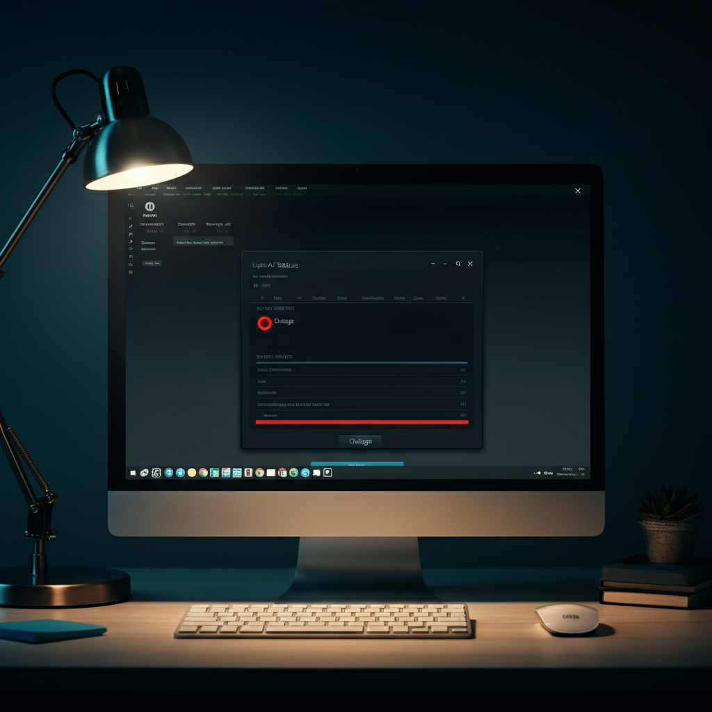 A computer screen displaying the OpenAI status page with a red "Outage" indicator. The room is dimly lit, with a single desk lamp illuminating the screen. Shallow depth of field, focusing on the status indicator.