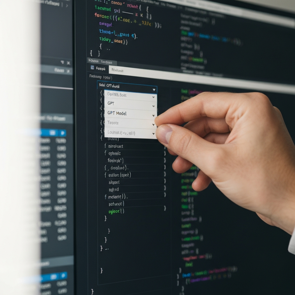 A hand selecting a GPT model from a dropdown menu on a computer screen. The background is a blurred programming interface. The lighting is soft and even.