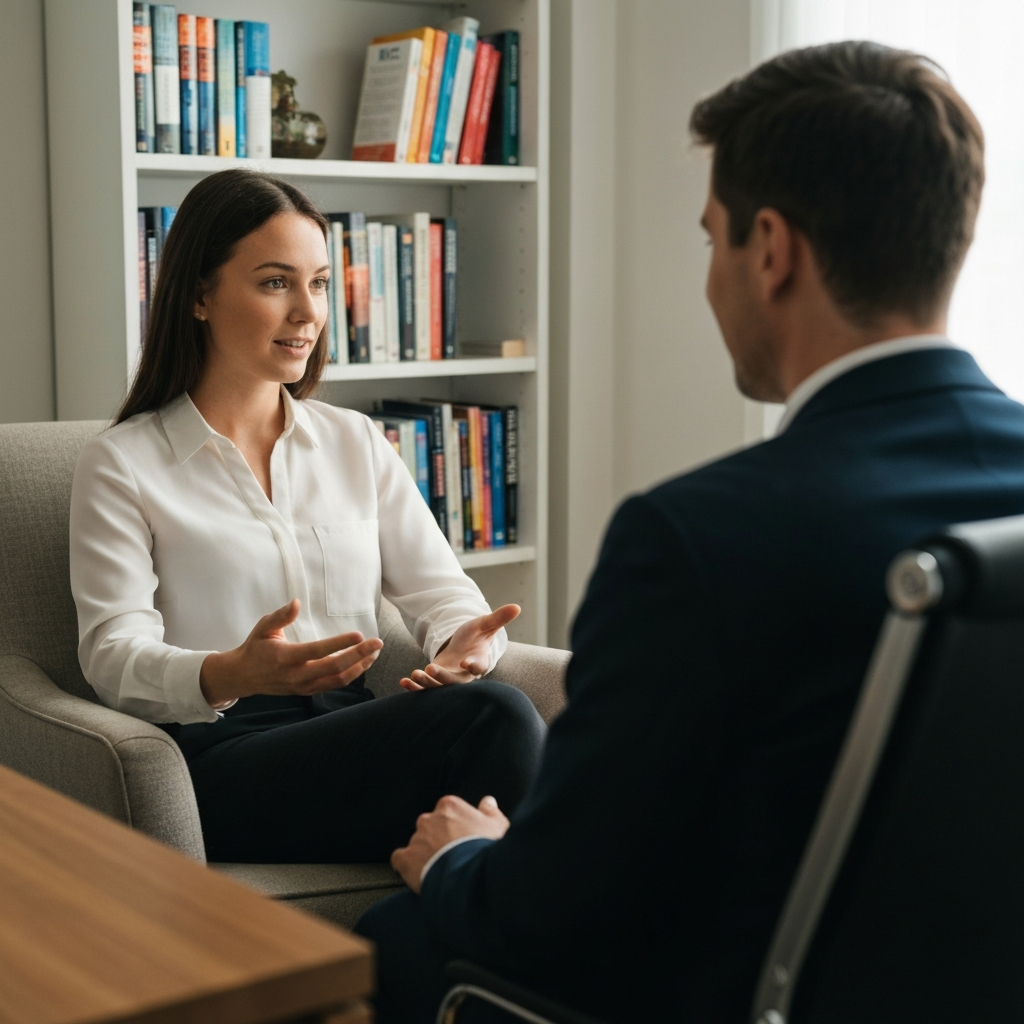 A therapist's office, soft natural light, a woman in her late 20s sits in a comfortable chair, engaged in conversation with a therapist with a warm, empathetic expression. Bookshelves filled with psychology texts are visible in the background, slightly out of focus. Textures of the chair fabric and wooden desk are emphasized.