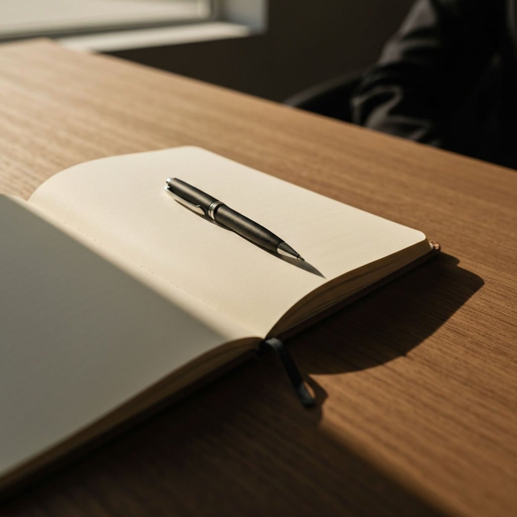 Close-up of a journal and pen on a wooden desk, soft golden hour lighting casting long shadows. The journal is open to a blank page, inviting reflection. The texture of the wood grain and the paper is clearly visible.