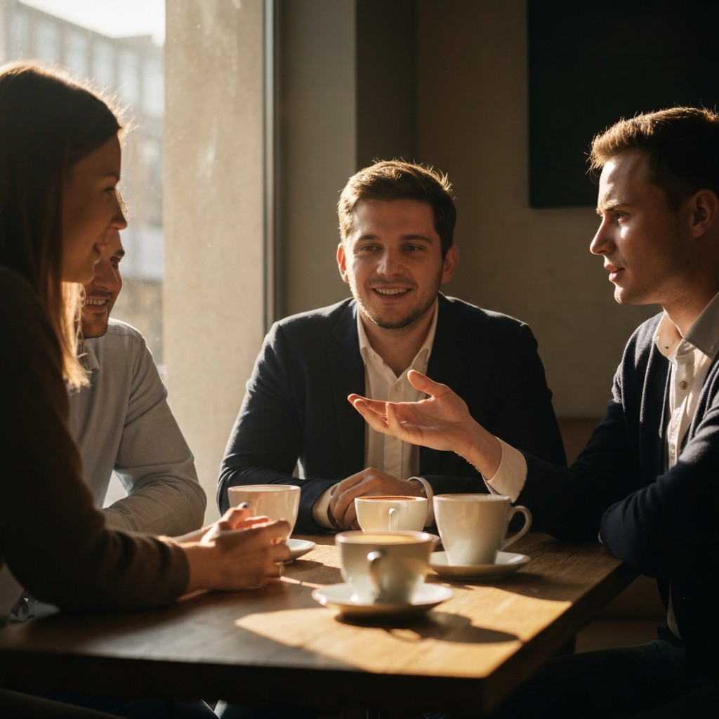 A group of friends gathered around a table in a cozy cafe, engaged in a lively conversation. Sunlight filters through the window, creating a warm, inviting atmosphere. The texture of the wooden table, the coffee cups, and the friends' casual clothing are highlighted.